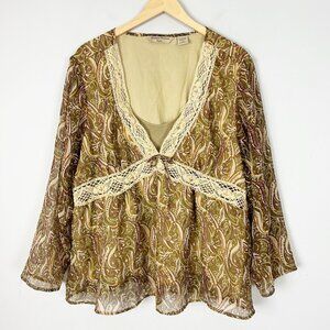 Y2K Fairy Forest Babydoll Top Flowy Sheer Sleeves Crochet Neck Size 24 Women's